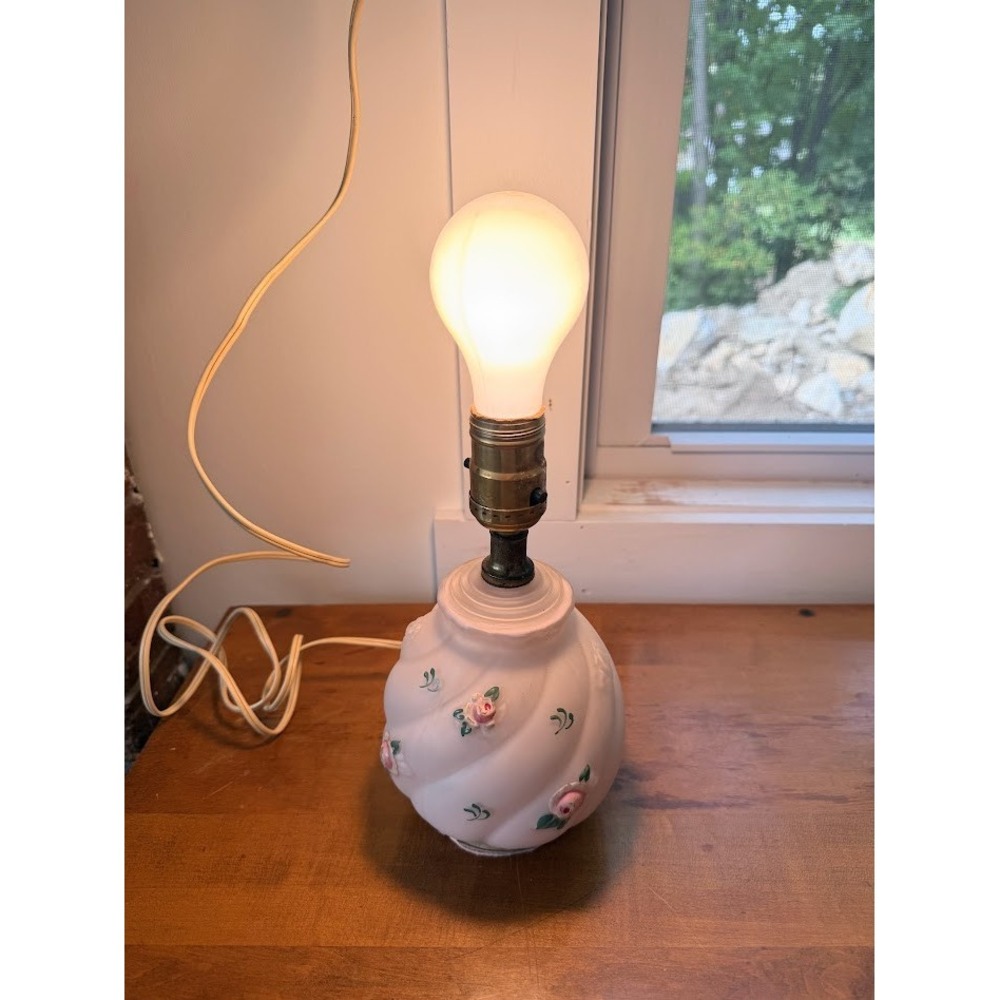 VTG 50s Pink Frosted Glass Hand Painted Floral Lamp Boudoir Cottage Heirloom USA